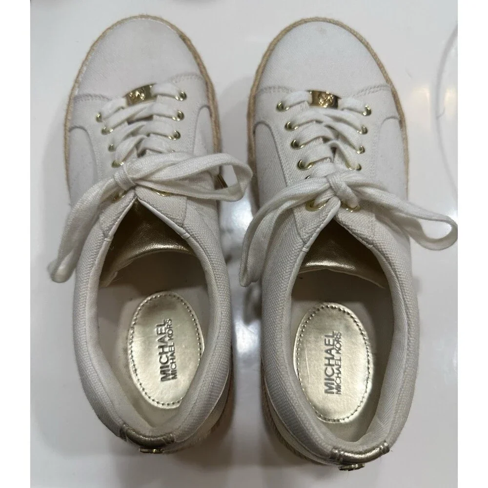 Michael Kors Canvas Espadrille Platform Sneakers Gold Ivory Lace Up 8.5M